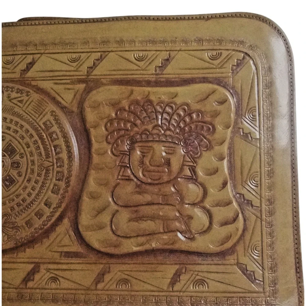 Vintage 1970s Mexican Tooled Leather Briefcase Portfolio Zip Around 14